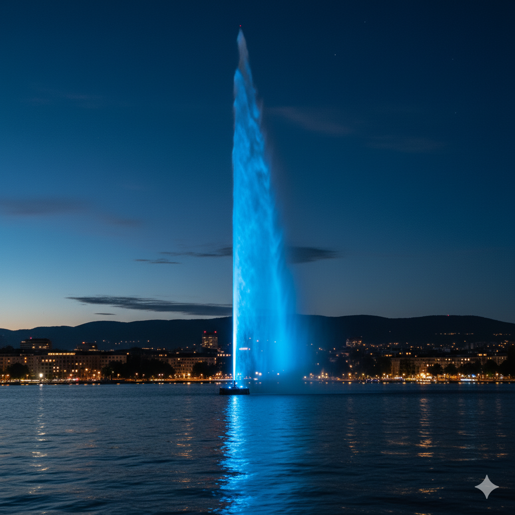photographie du jet d'eau à Genève de couleur bleu,prise la nuit